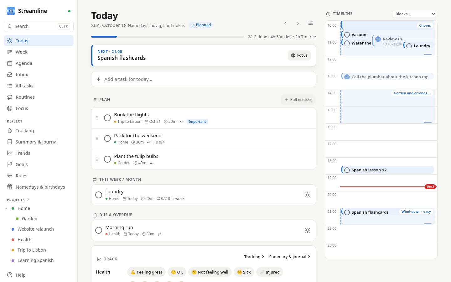 Today: the plan, routines due, and the timeline with time blocks