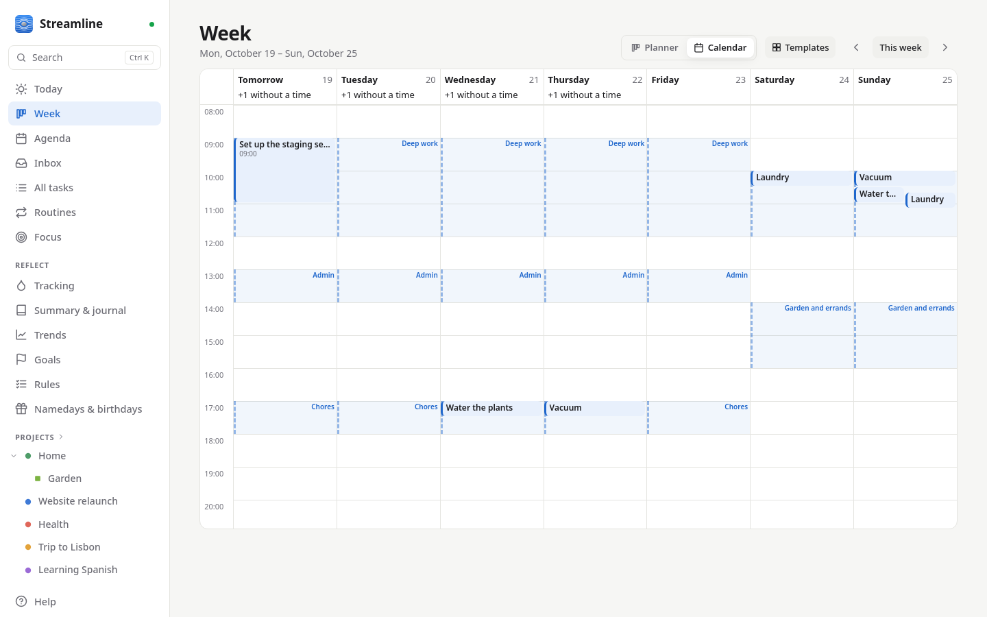 The week on an hour grid, with time blocks and the routines planned into them