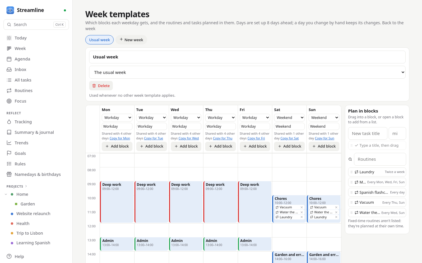 The week editor: day templates per weekday, blocks with routines in them